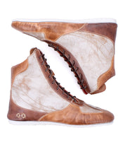 A pair of Bed|Stü "Breath" sneakers in brown and white multi-tone leather, placed side by side against a white background.