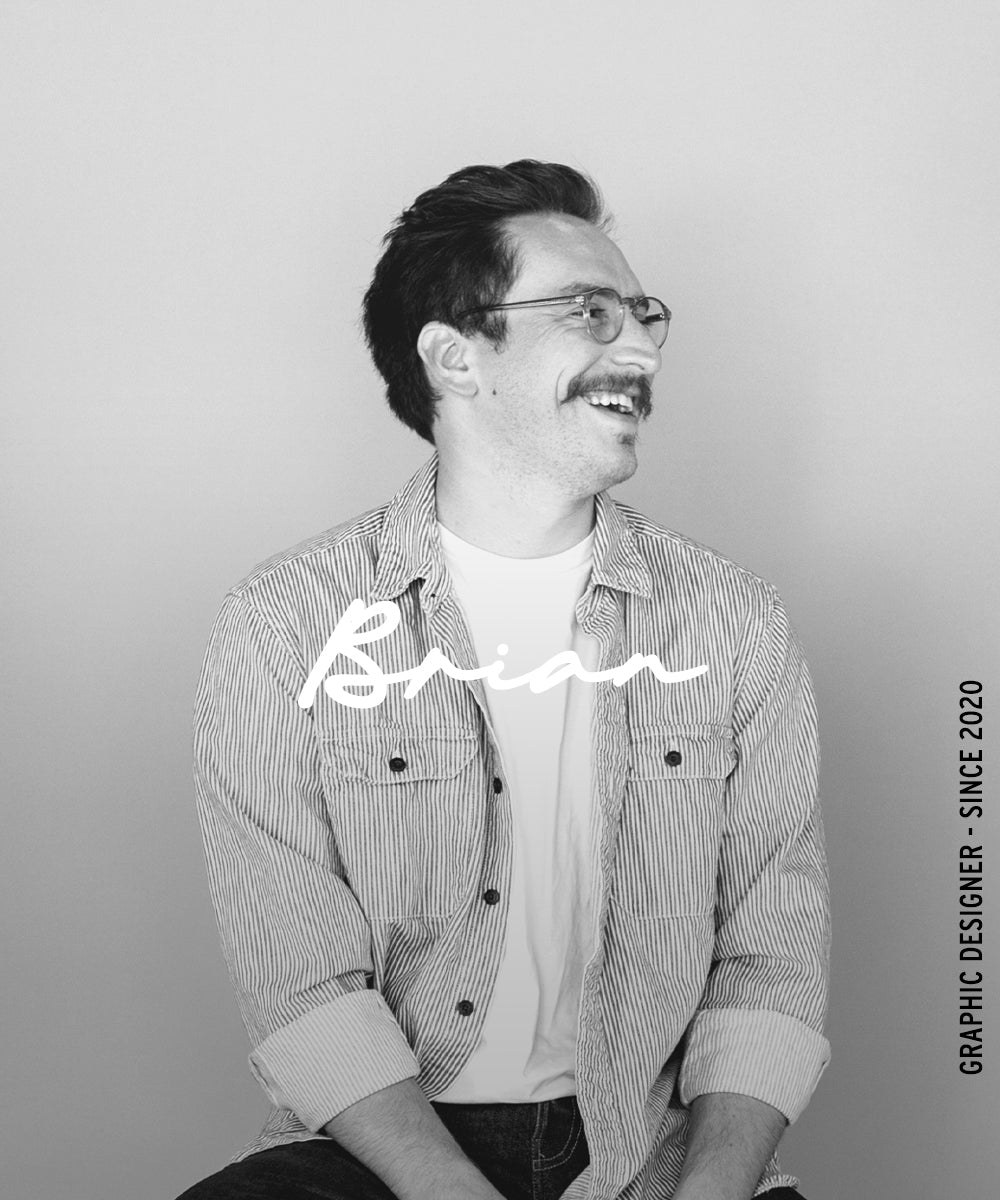 Black-and-white portrait of a smiling man with the name “Brian” overlaid and vertical text reading “Graphic Designer · Since 2020.”