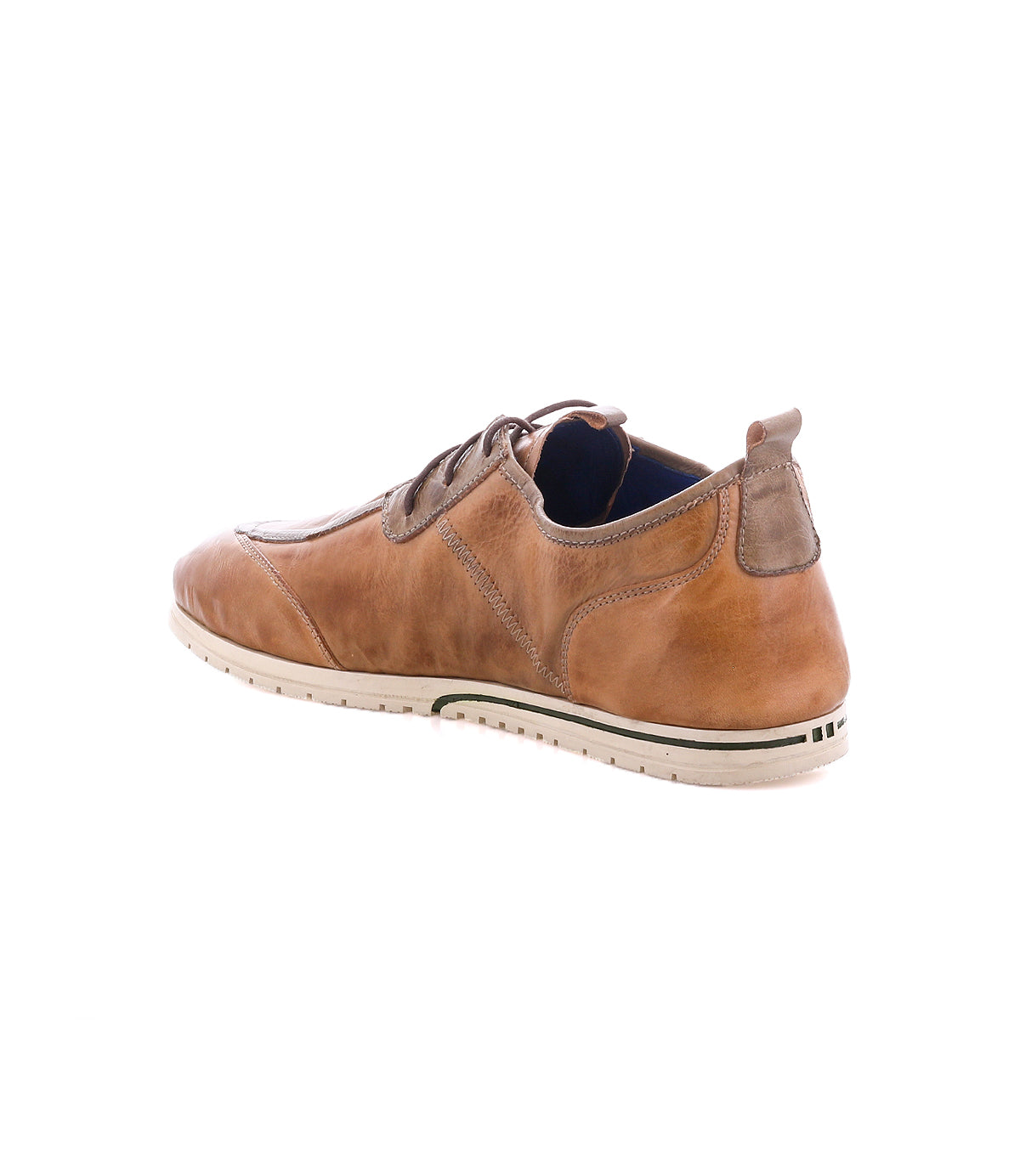 Bed|Stü Britches: Tan leather chukka-style casual shoe with laces, pictured from a rear side angle, showcasing a refined silhouette and a white sole with minimal tread, displayed on a white background.