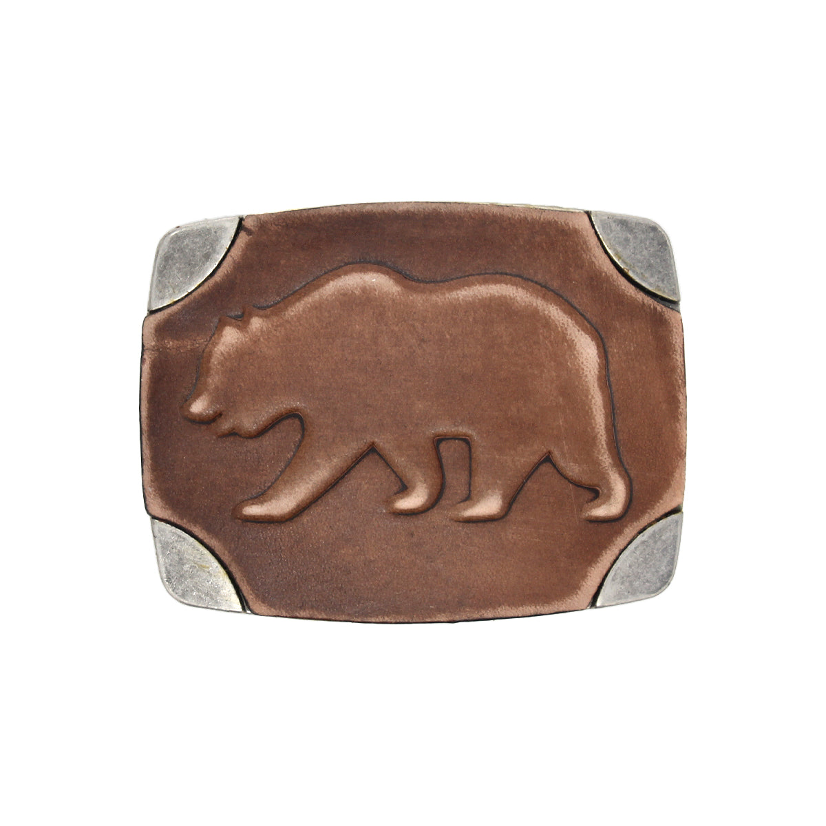 The Bed|Stü Bear Buckle is a rectangular brown antiqued belt buckle, highlighted by a raised bear design at the center and finished with silver-colored metal corners.