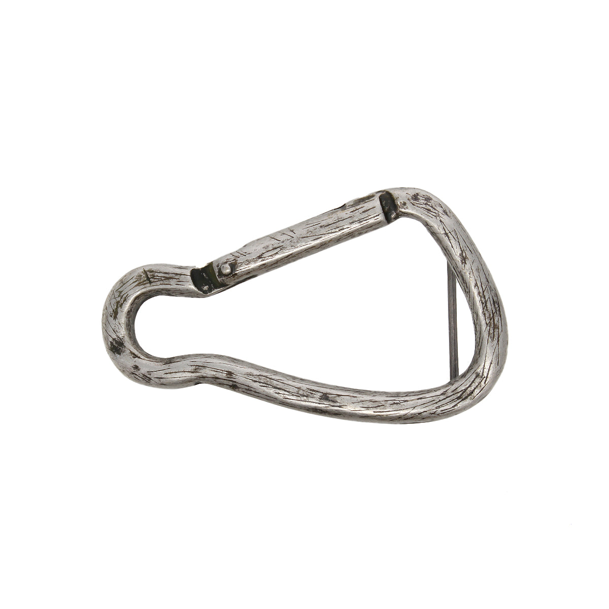 The Bed|Stü Biner Buckle is a worn metal carabiner with a spring-loaded gate and an antiqued silver finish, shown isolated on a white background.