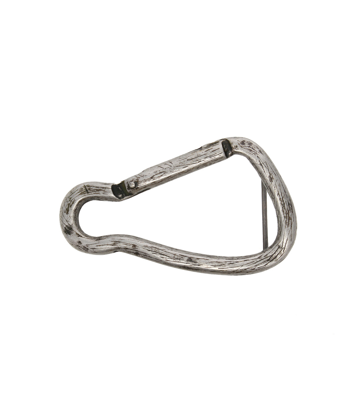 The Bed|Stü Biner Buckle is a worn metal carabiner with a spring-loaded gate and an antiqued silver finish, shown isolated on a white background.