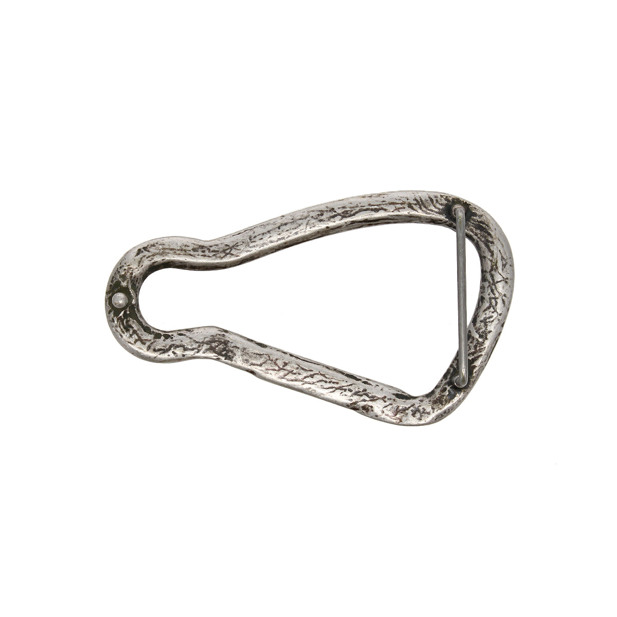 The Bed|Stü Biner Buckle, a metal carabiner-style belt buckle with a textured surface and spring-loaded gate, features an antiqued silver finish and is photographed on a white background.