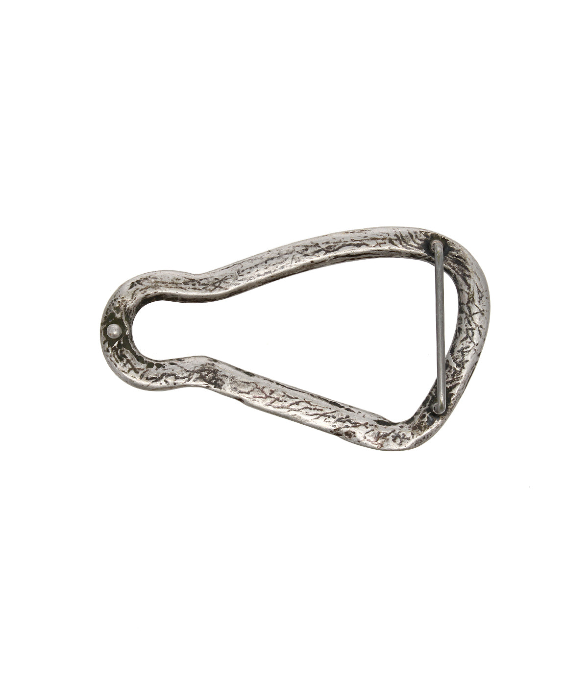 The Bed|Stü Biner Buckle, a metal carabiner-style belt buckle with a textured surface and spring-loaded gate, features an antiqued silver finish and is photographed on a white background.