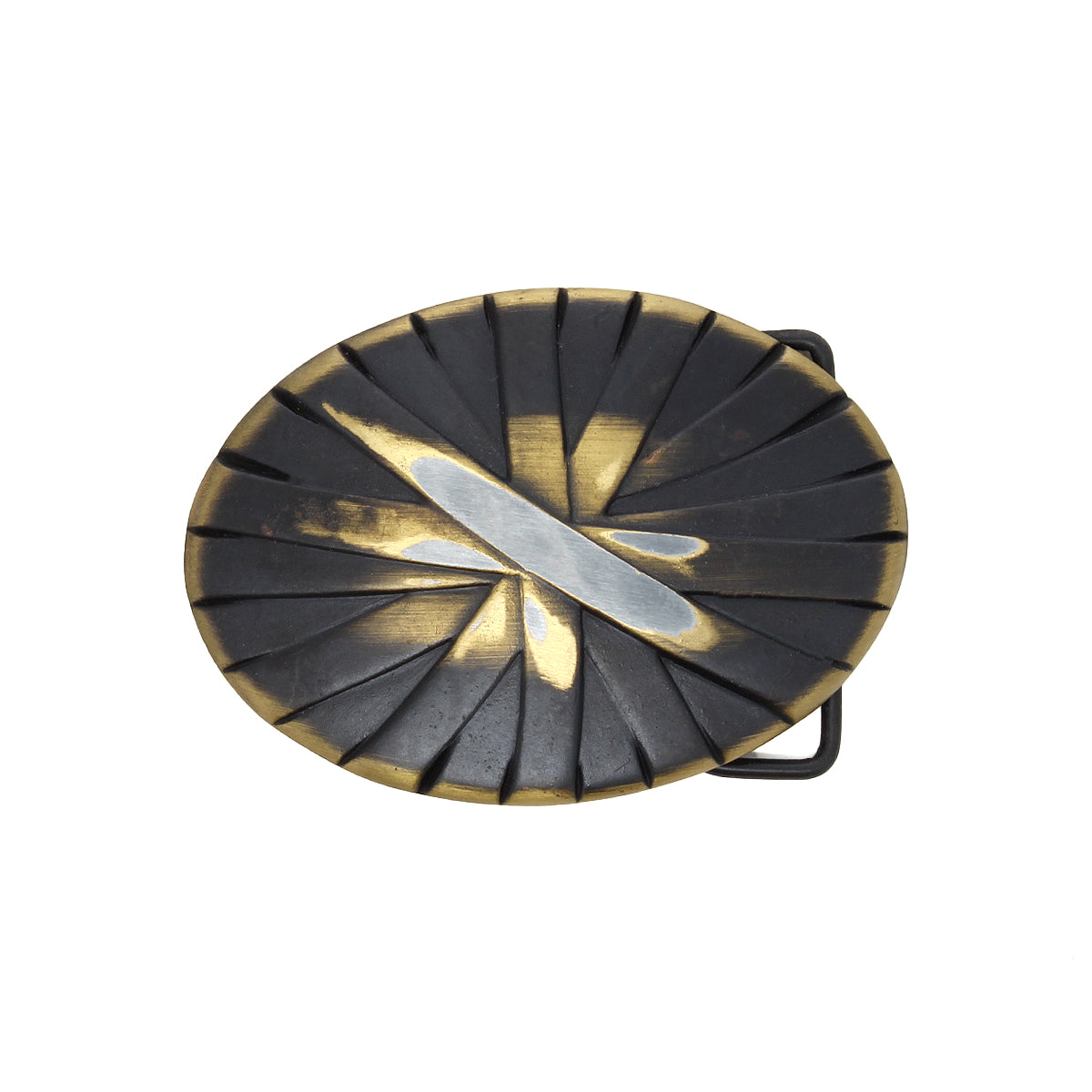 The Brit Oval Buckle by Bed|Stü features an oval metal design with a dark, ridged background and a silver diagonal stripe across the center, offering a textured look reminiscent of an antiqued bronze buckle.