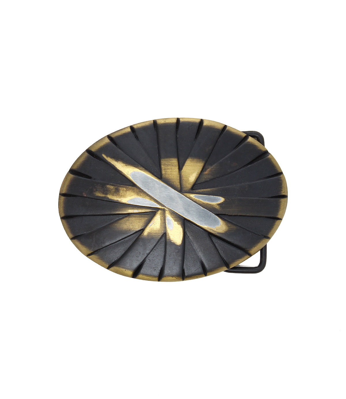 The Brit Oval Buckle by Bed|Stü features an oval metal design with a dark, ridged background and a silver diagonal stripe across the center, offering a textured look reminiscent of an antiqued bronze buckle.