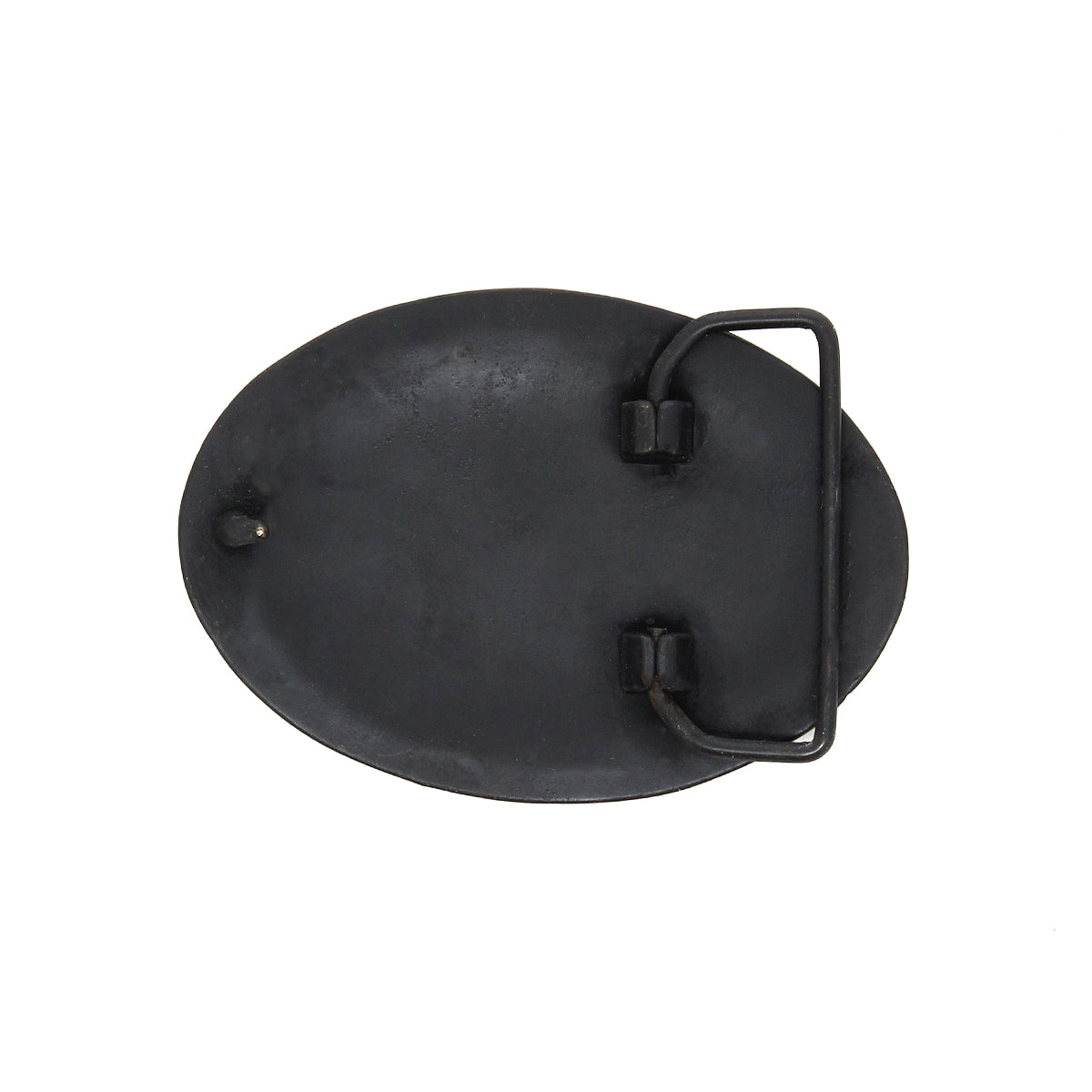 The Brit Oval Buckle by Bed|Stü is shown from the back, highlighting its oval-shaped black metal form with a bar and clasp mechanism and a subtly textured finish, set against a plain white background.