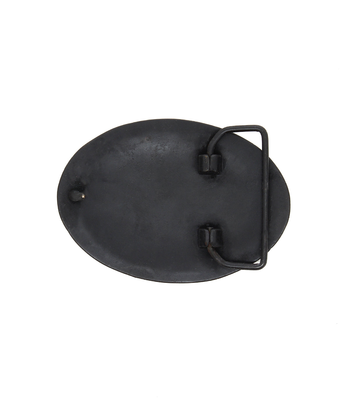 The Brit Oval Buckle by Bed|Stü is shown from the back, highlighting its oval-shaped black metal form with a bar and clasp mechanism and a subtly textured finish, set against a plain white background.