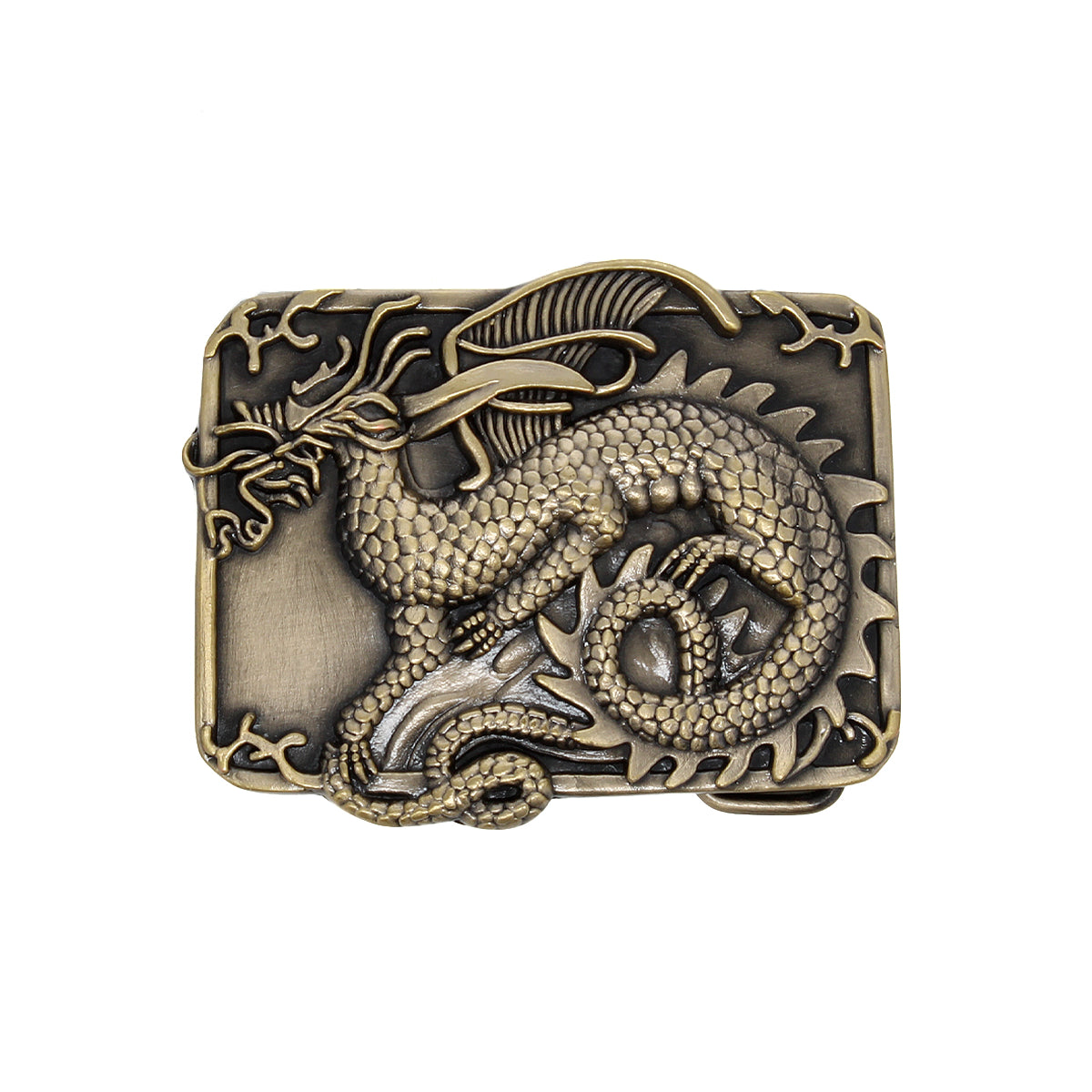 The Bed|Stü Dragon Buckle is a bronze rectangular metal belt buckle showcasing a raised, sculpted dragon with textured scales and a curled body set against a decorative background.