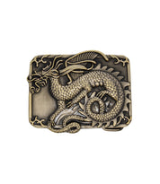 The Bed|Stü Dragon Buckle is a bronze rectangular metal belt buckle showcasing a raised, sculpted dragon with textured scales and a curled body set against a decorative background.