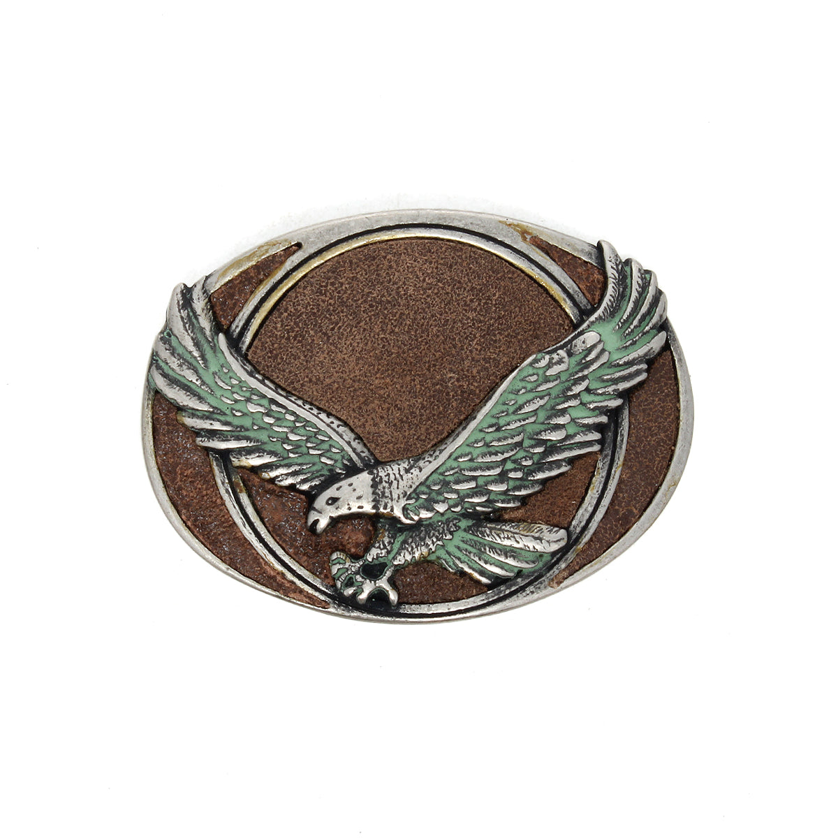 The Bed|Stü Eagle B Buckle showcases an oval vintage design with a detailed, raised eagle with outstretched wings set against a brown background and encircled by a circular border.