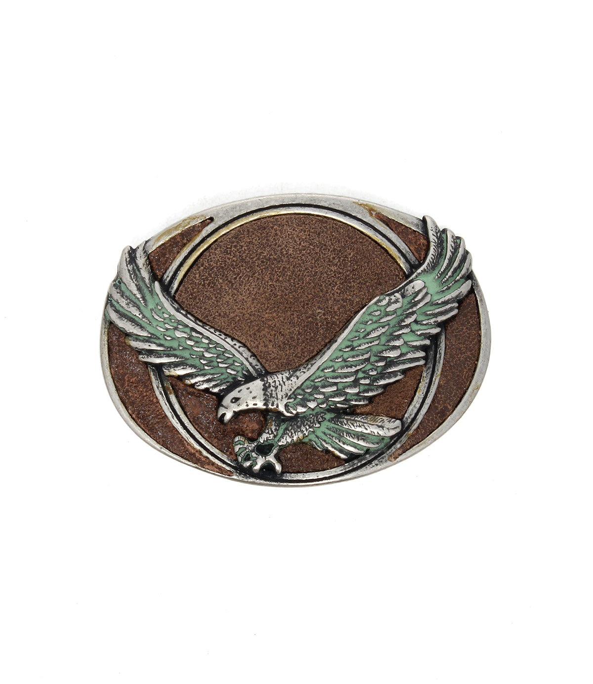 The Bed|Stü Eagle B Buckle showcases an oval vintage design with a detailed, raised eagle with outstretched wings set against a brown background and encircled by a circular border.