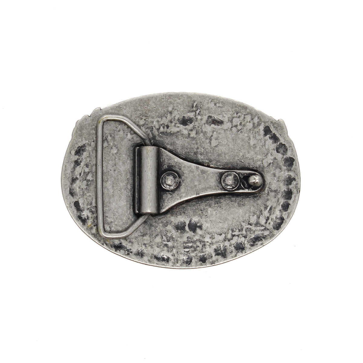 The Bed|Stü Eagle B Buckle is an oval, vintage-style metal belt buckle featuring a weathered finish, a roller bar, and two rivets on the back, displayed against a white background.
