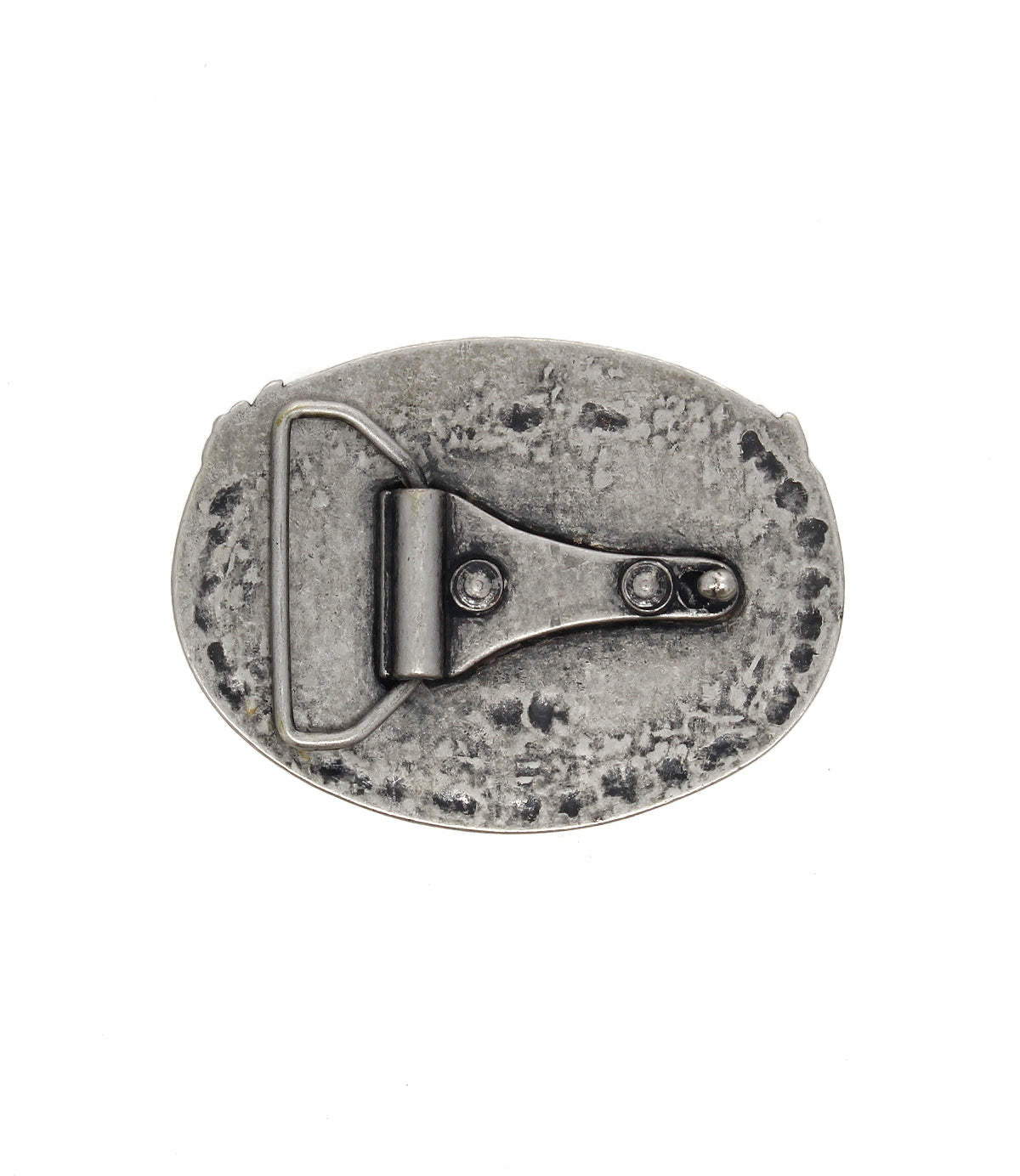 The Bed|Stü Eagle B Buckle is an oval, vintage-style metal belt buckle featuring a weathered finish, a roller bar, and two rivets on the back, displayed against a white background.
