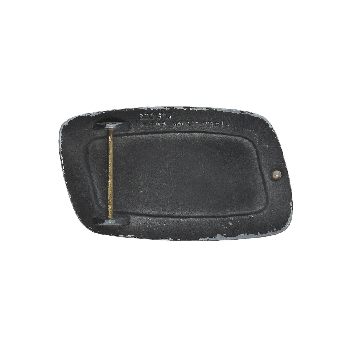 The Elevate Buckle by Bed|Stü is a rectangular distressed belt buckle in black, featuring a brass bar on the backside and subtle wear along the edges, displayed against a white background.
