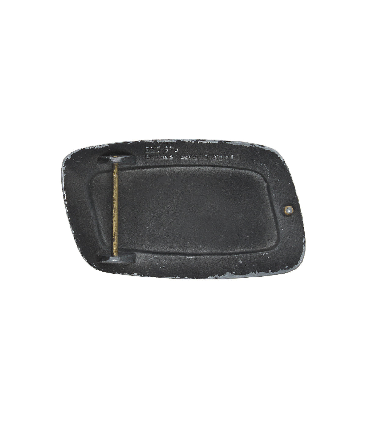 The Elevate Buckle by Bed|Stü is a rectangular distressed belt buckle in black, featuring a brass bar on the backside and subtle wear along the edges, displayed against a white background.