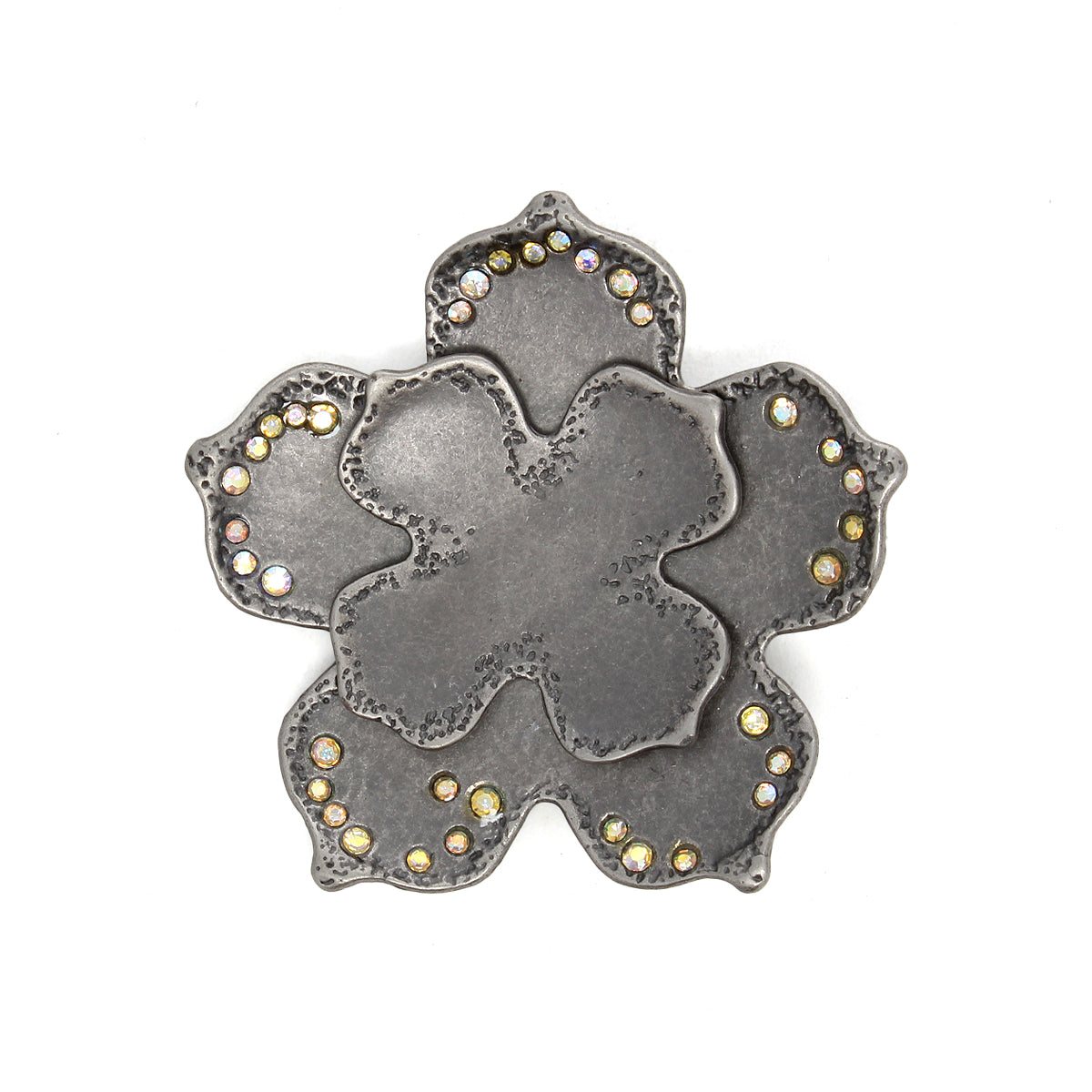 The Bed|Stü Flower Sparkle Buckle is a vintage-inspired accessory featuring textured metal petals and small round rhinestones along the outer edges—perfect for adding a touch of elegance to your outfit or pairing with a coordinating flower-shaped brooch.