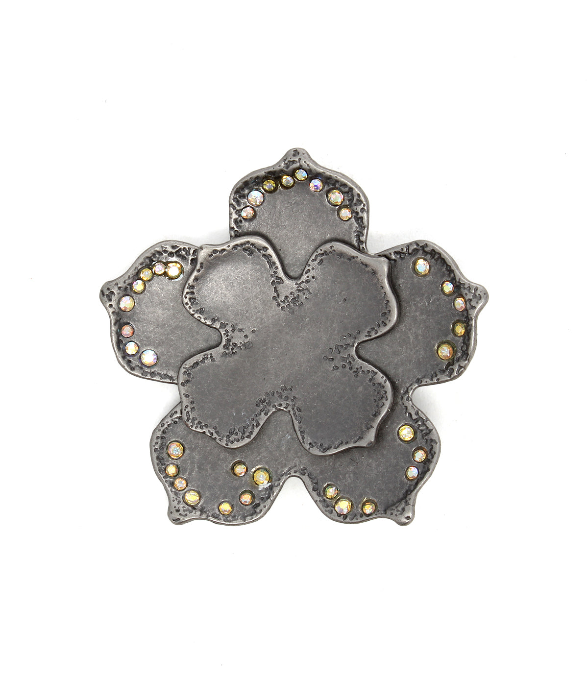 The Bed|Stü Flower Sparkle Buckle is a vintage-inspired accessory featuring textured metal petals and small round rhinestones along the outer edges—perfect for adding a touch of elegance to your outfit or pairing with a coordinating flower-shaped brooch.