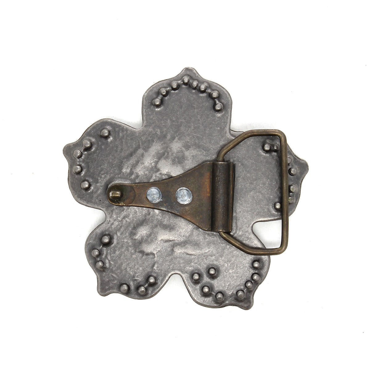 Back view of the Bed|Stü Flower Sparkle Buckle, featuring a scalloped edge, visible screws, and a metal loop for belt attachment.