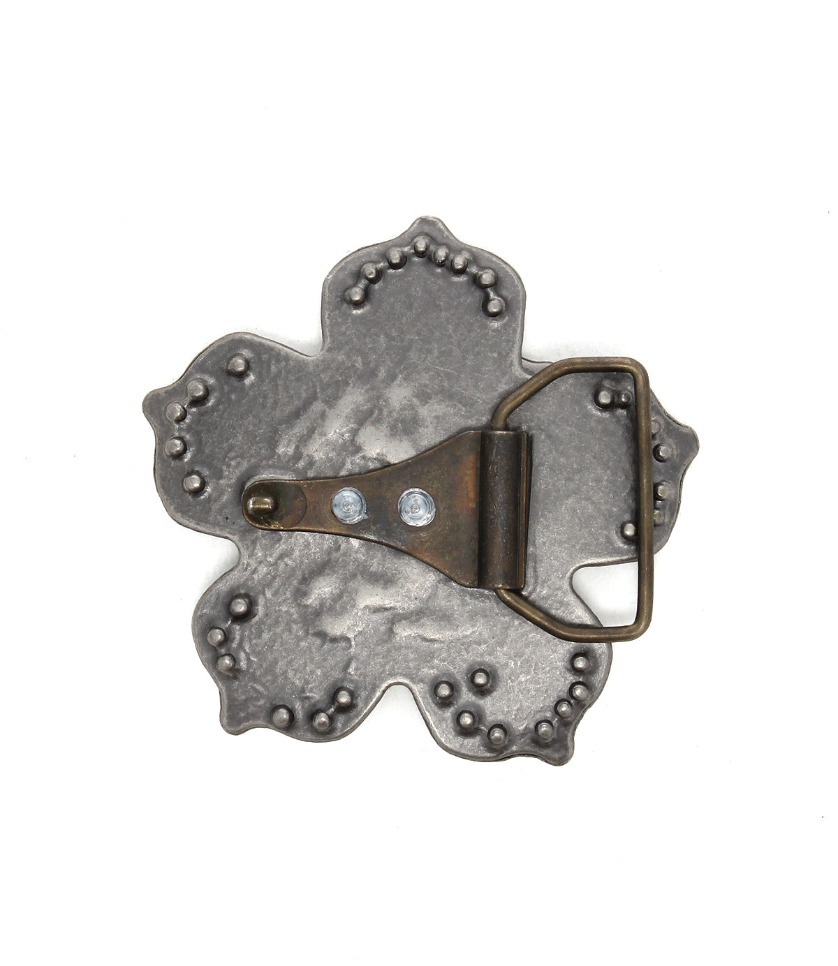 Back view of the Bed|Stü Flower Sparkle Buckle, featuring a scalloped edge, visible screws, and a metal loop for belt attachment.