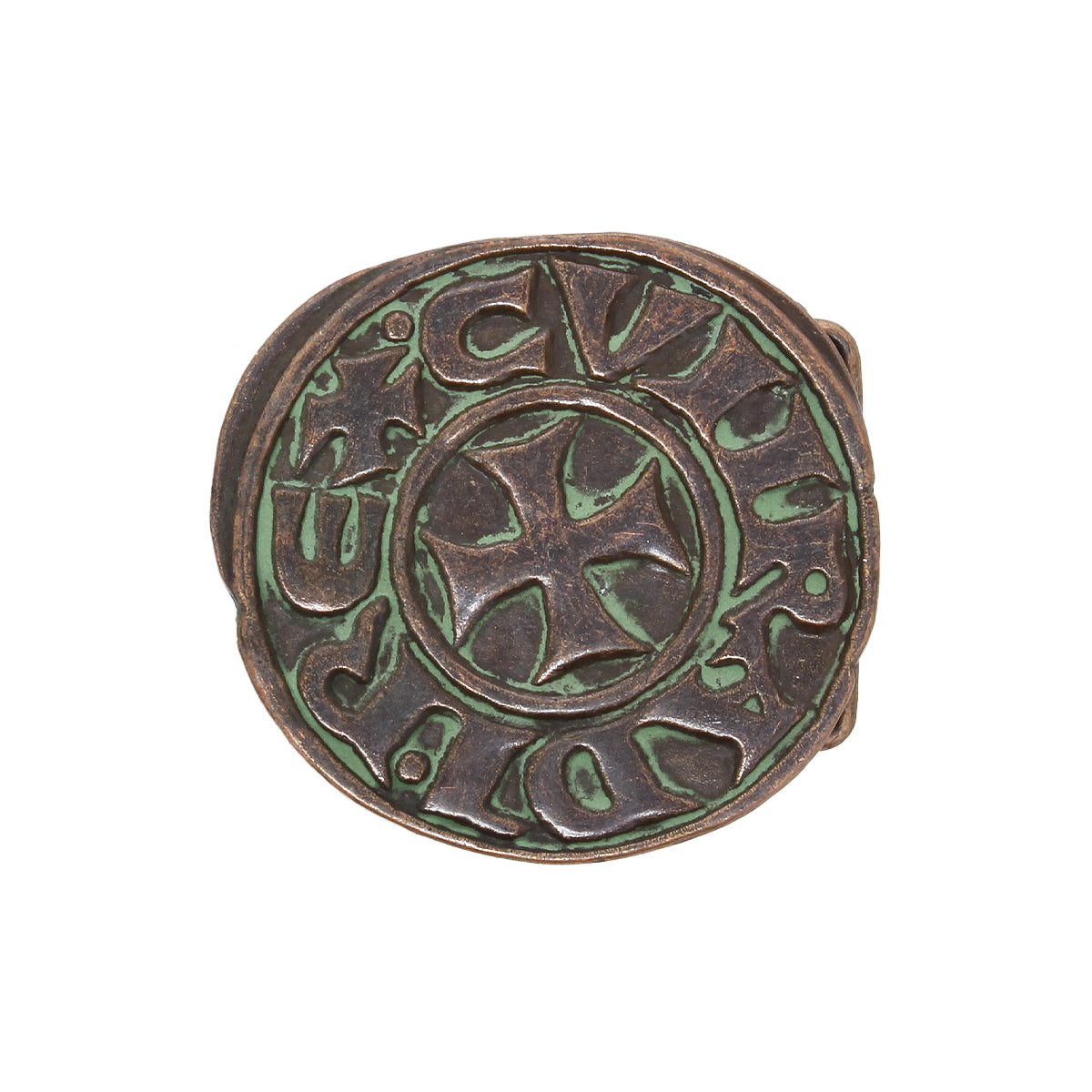 Bed|Stü's Greek Cross Buckle showcases a central Greek cross design inspired by ancient coins, with a circular inscription in stylized script and an authentic oxidized bronze-green patina for a distinctive vintage finish.