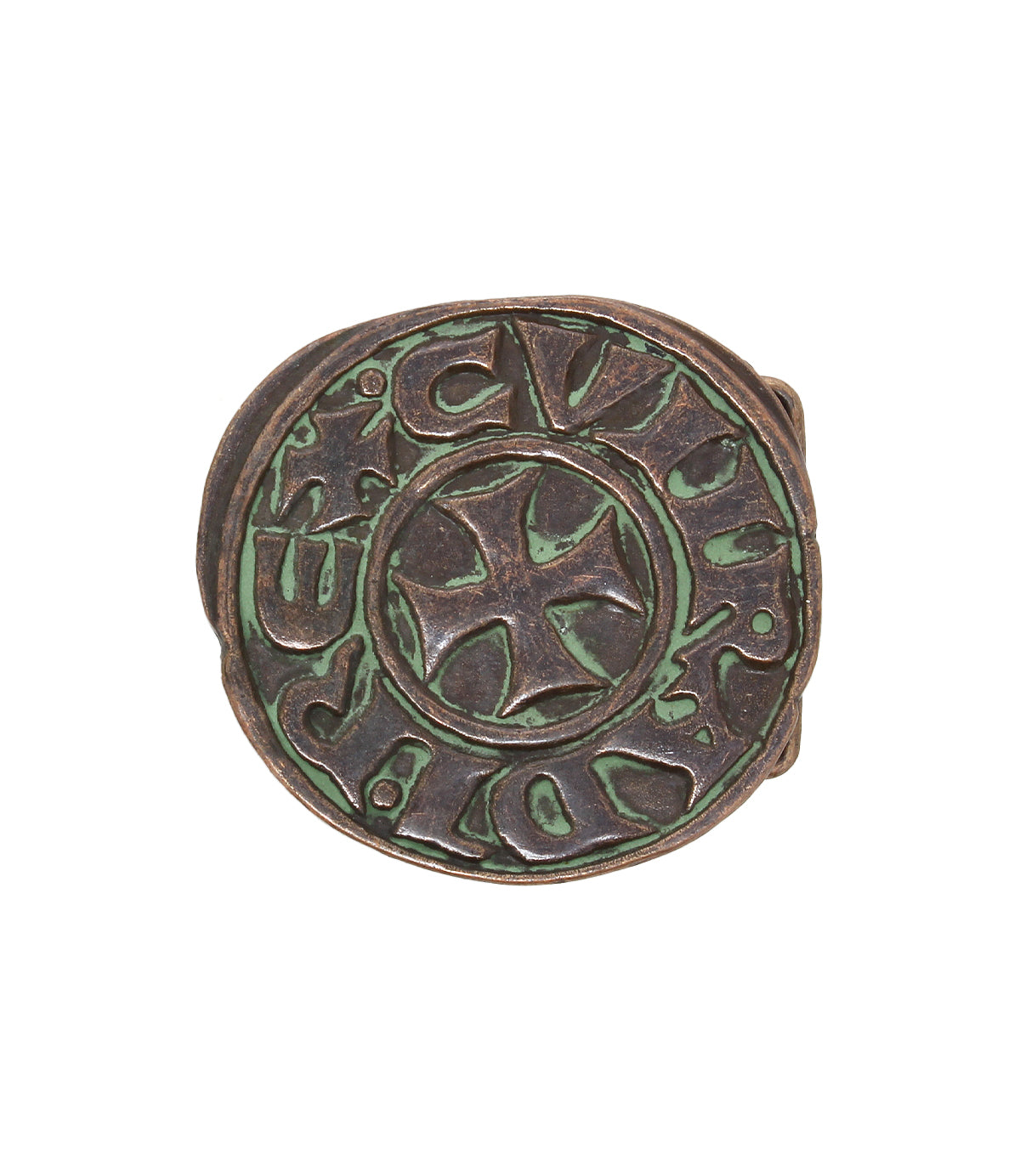 Bed|Stü's Greek Cross Buckle showcases a central Greek cross design inspired by ancient coins, with a circular inscription in stylized script and an authentic oxidized bronze-green patina for a distinctive vintage finish.