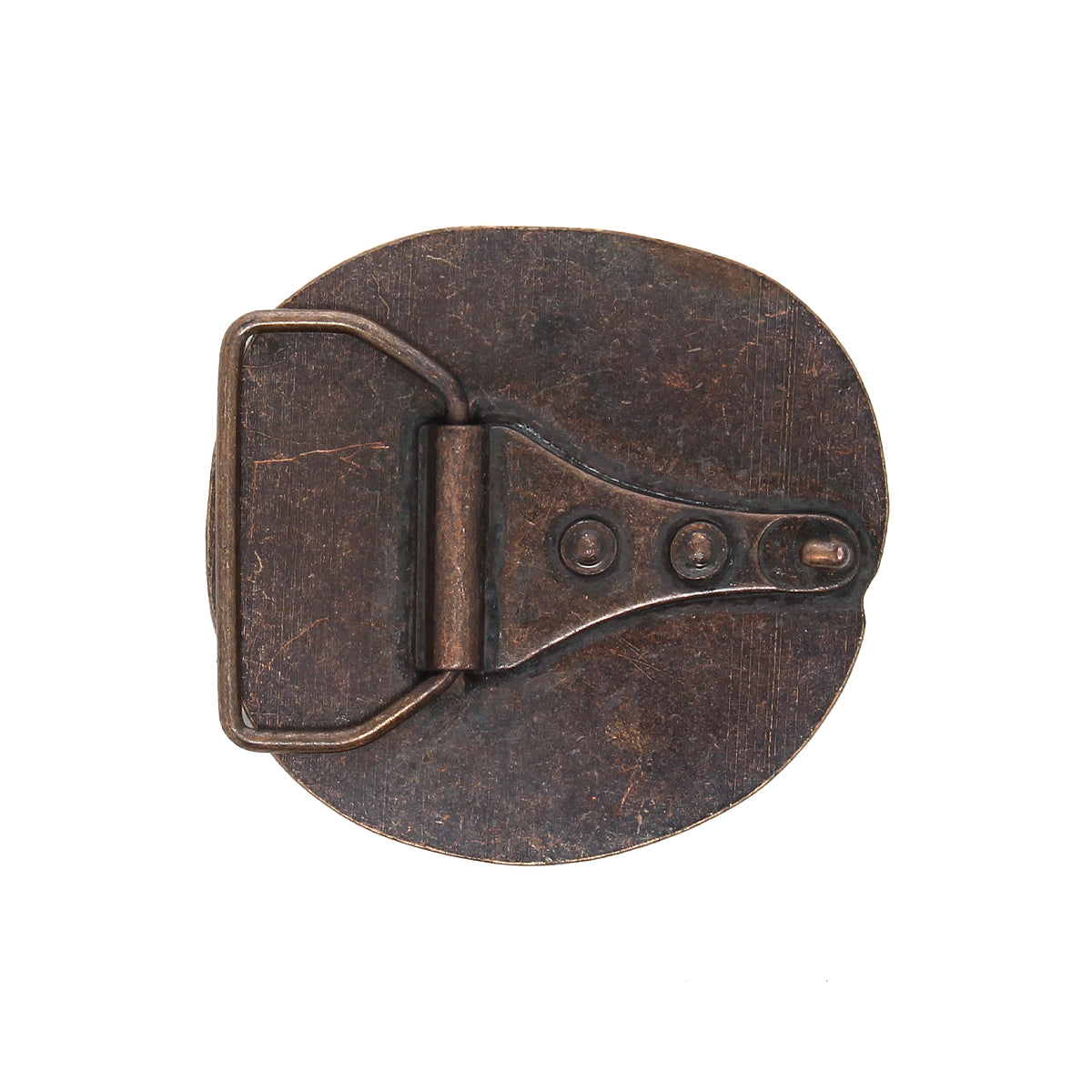 The Bed|Stü Greek Cross Buckle, a vintage-inspired round metal belt buckle with an oxidized finish, features three visible rivets and a hinged clasp, and is displayed against a white background.