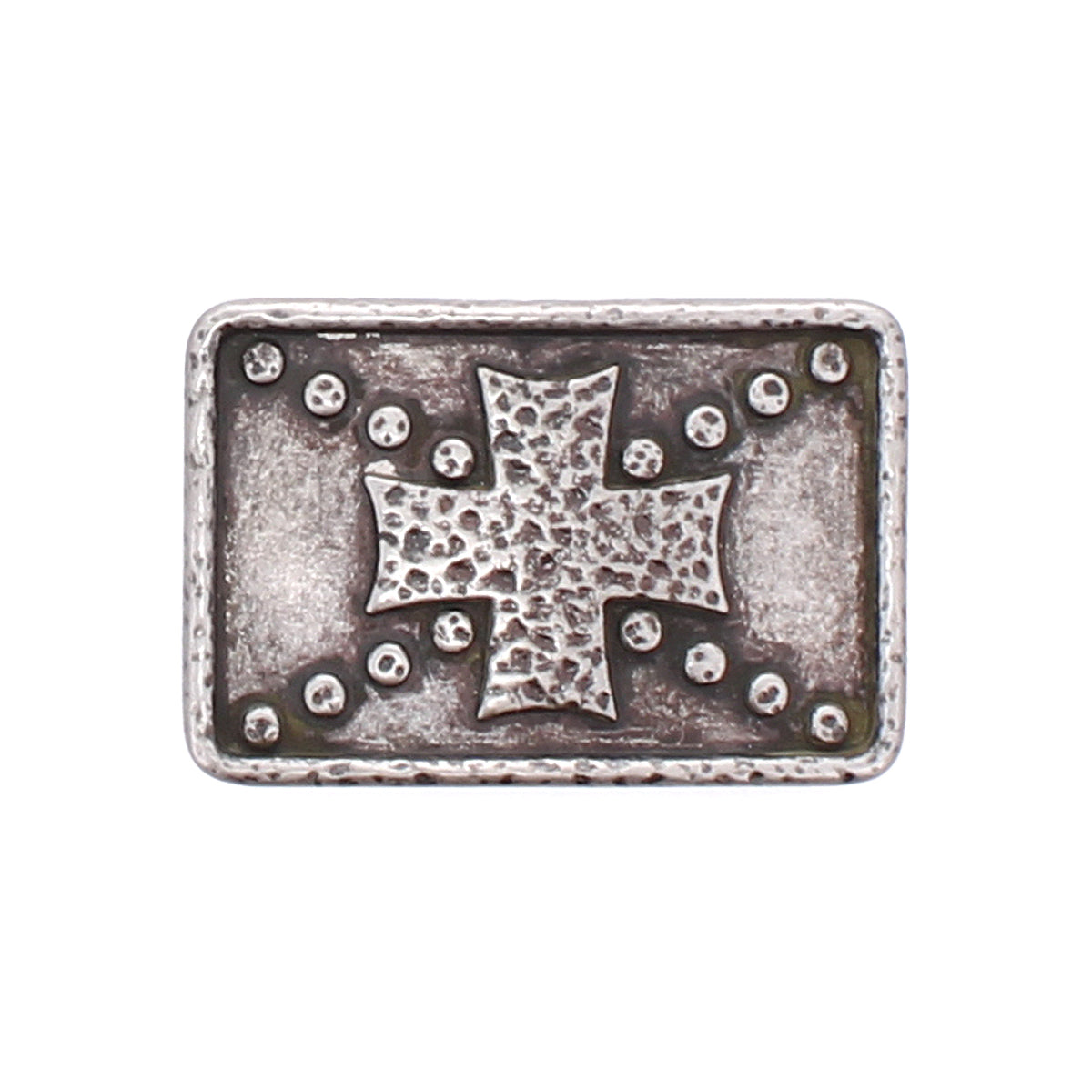 The Bed|Stü Metal Cross Buckle is a rectangular silver metal vintage accessory with a raised, textured cross at the center, accented by small raised dots on a textured background.