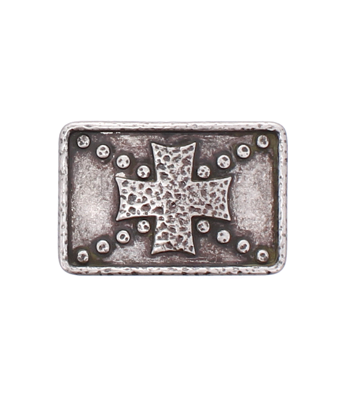 The Bed|Stü Metal Cross Buckle is a rectangular silver metal vintage accessory with a raised, textured cross at the center, accented by small raised dots on a textured background.