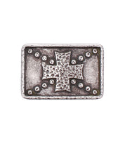 The Bed|Stü Metal Cross Buckle is a rectangular silver metal vintage accessory with a raised, textured cross at the center, accented by small raised dots on a textured background.
