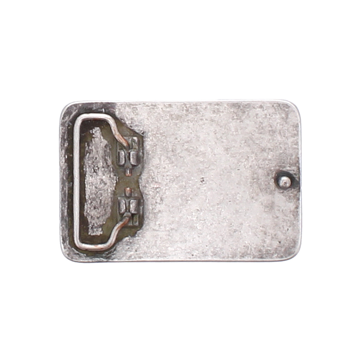Bed|Stü’s Metal Cross Buckle is a rectangular metal accessory featuring a single, flat, rectangular loop and a small protruding rivet on one side, shown against a white background. Its classic lines evoke the timeless look of a vintage belt buckle.
