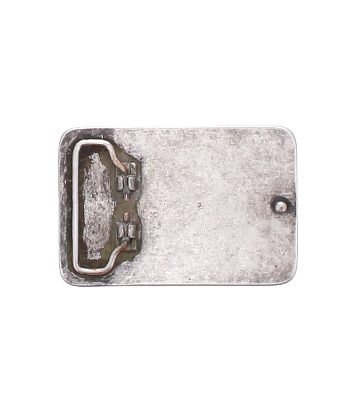 Bed|Stü’s Metal Cross Buckle is a rectangular metal accessory featuring a single, flat, rectangular loop and a small protruding rivet on one side, shown against a white background. Its classic lines evoke the timeless look of a vintage belt buckle.