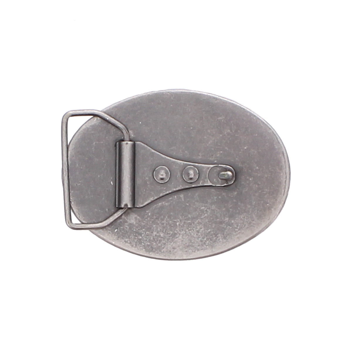 Introducing the Bed|Stü Tribe Buckle: an oval-shaped silver Western belt buckle featuring a hinged pin and metal loop attachment, exuding rustic charm against a white background.
