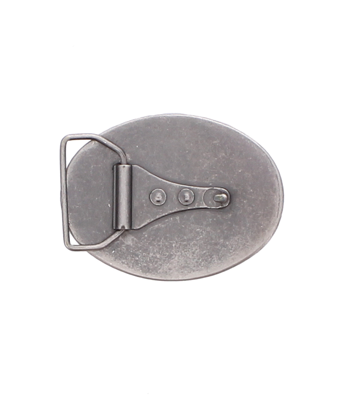 Introducing the Bed|Stü Tribe Buckle: an oval-shaped silver Western belt buckle featuring a hinged pin and metal loop attachment, exuding rustic charm against a white background.