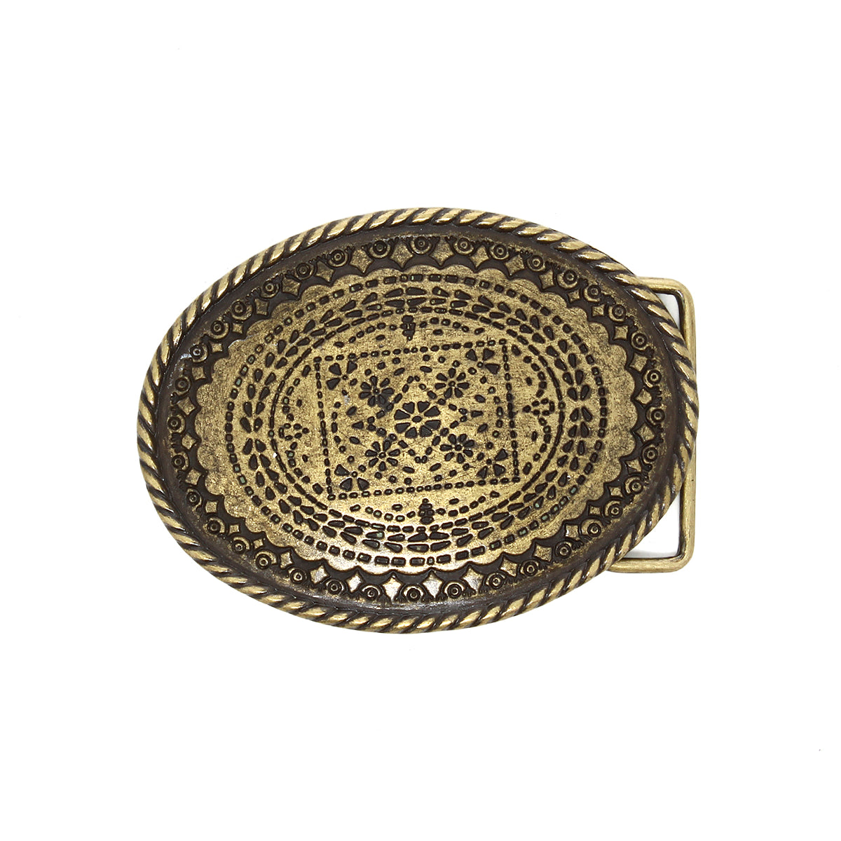 Introducing the Tribe Buckle by Bed|Stü—a brass, oval-shaped belt buckle featuring an intricate engraved pattern and a rope-like border, showcasing rustic charm against a white background.