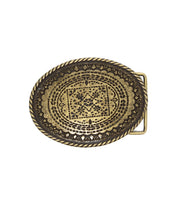 Introducing the Tribe Buckle by Bed|Stü—a brass, oval-shaped belt buckle featuring an intricate engraved pattern and a rope-like border, showcasing rustic charm against a white background.