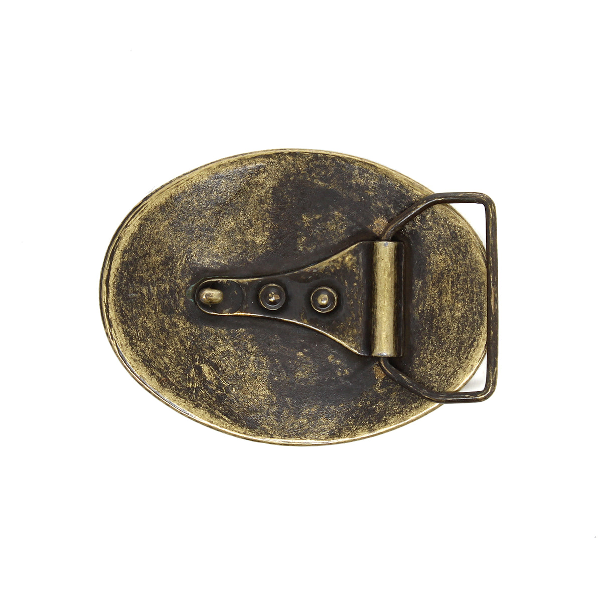 Back view of the Bed|Stü Tribe Buckle—an oval, antique brass belt buckle featuring a visible hinge, prong, and fastening screws on a white background. This ornate accessory exudes rustic charm.