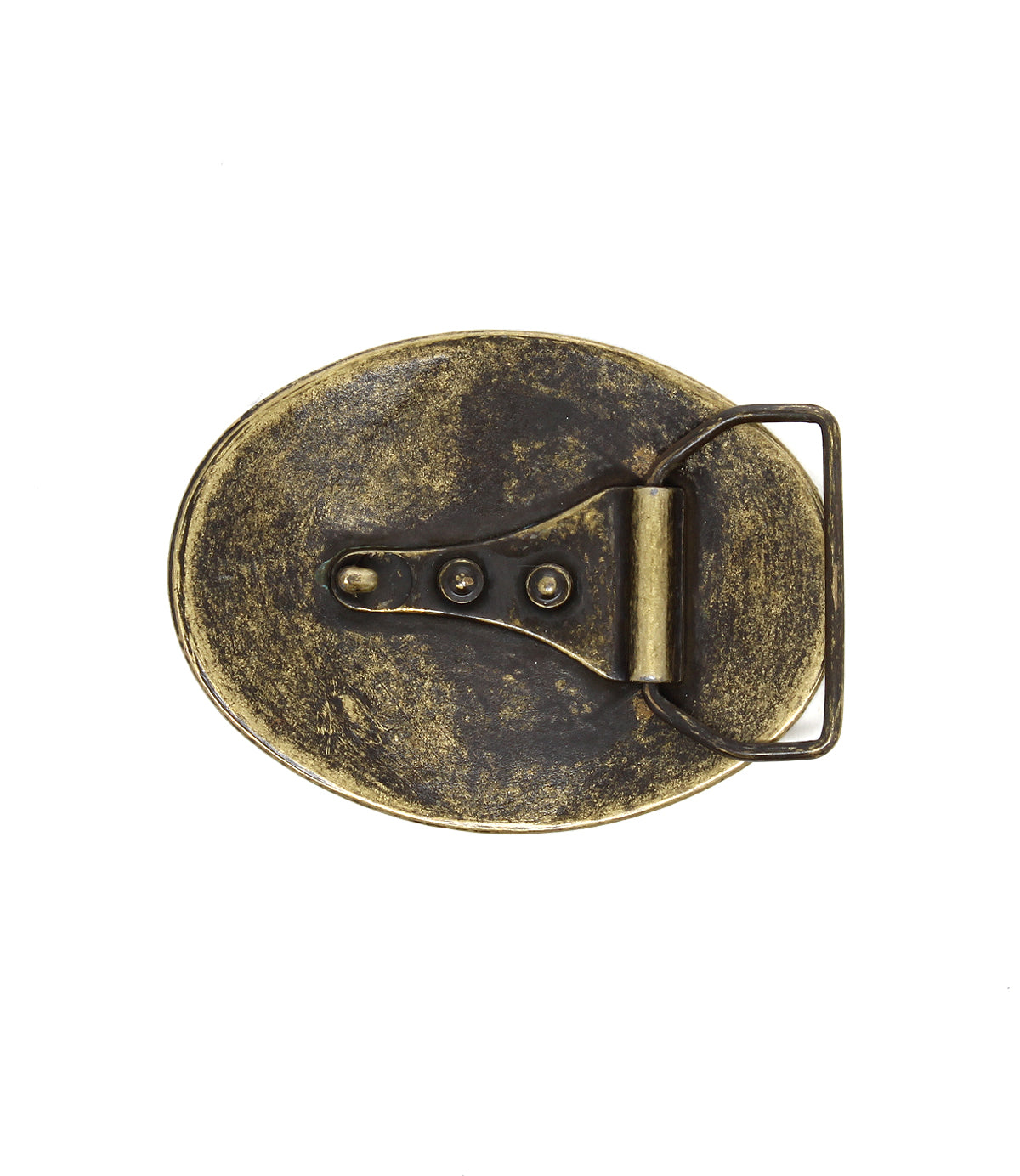 Back view of the Bed|Stü Tribe Buckle—an oval, antique brass belt buckle featuring a visible hinge, prong, and fastening screws on a white background. This ornate accessory exudes rustic charm.