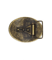 Back view of the Bed|Stü Tribe Buckle—an oval, antique brass belt buckle featuring a visible hinge, prong, and fastening screws on a white background. This ornate accessory exudes rustic charm.