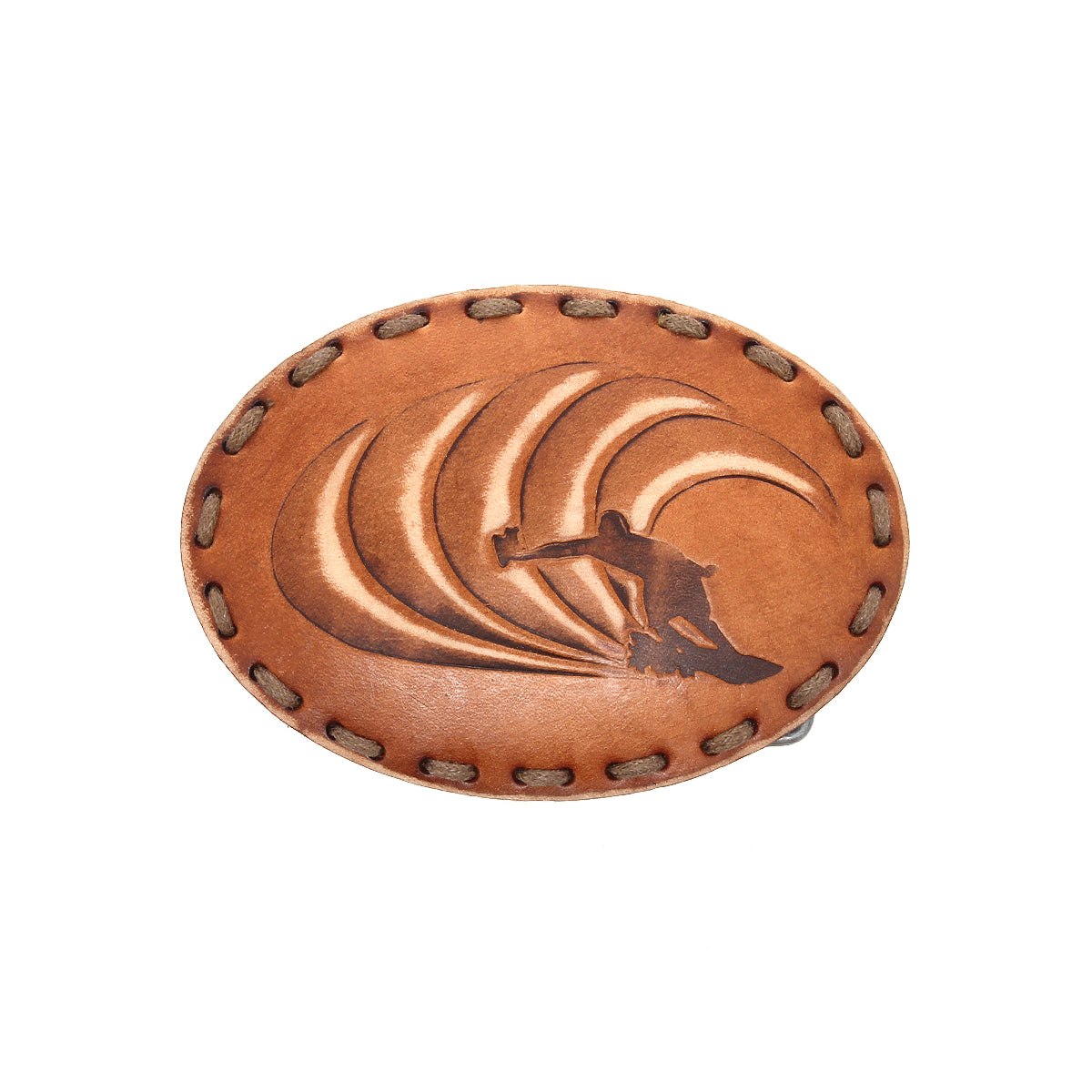 Oval leather patch with stitched border, featuring an embossed design of a surfer riding a wave—perfect for adding a touch of coastal style to your Bed|Stü Tube Buckle.