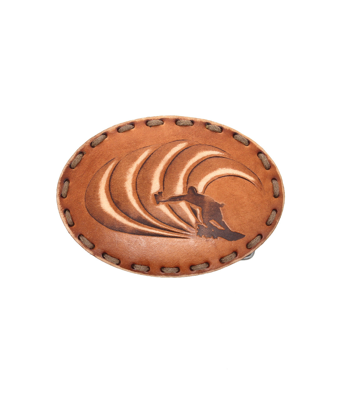 Oval leather patch with stitched border, featuring an embossed design of a surfer riding a wave—perfect for adding a touch of coastal style to your Bed|Stü Tube Buckle.