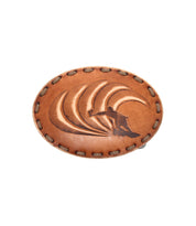 Oval leather patch with stitched border, featuring an embossed design of a surfer riding a wave—perfect for adding a touch of coastal style to your Bed|Stü Tube Buckle.
