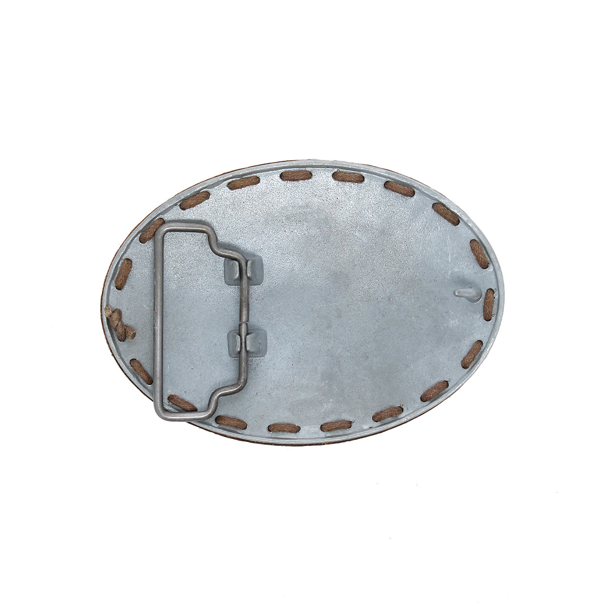 Back view of the Bed|Stü Tube Buckle, an oval metal leather belt buckle featuring visible stitching and a hinged clasp mechanism on the left side—ideal for adding a subtle coastal touch to any outfit.