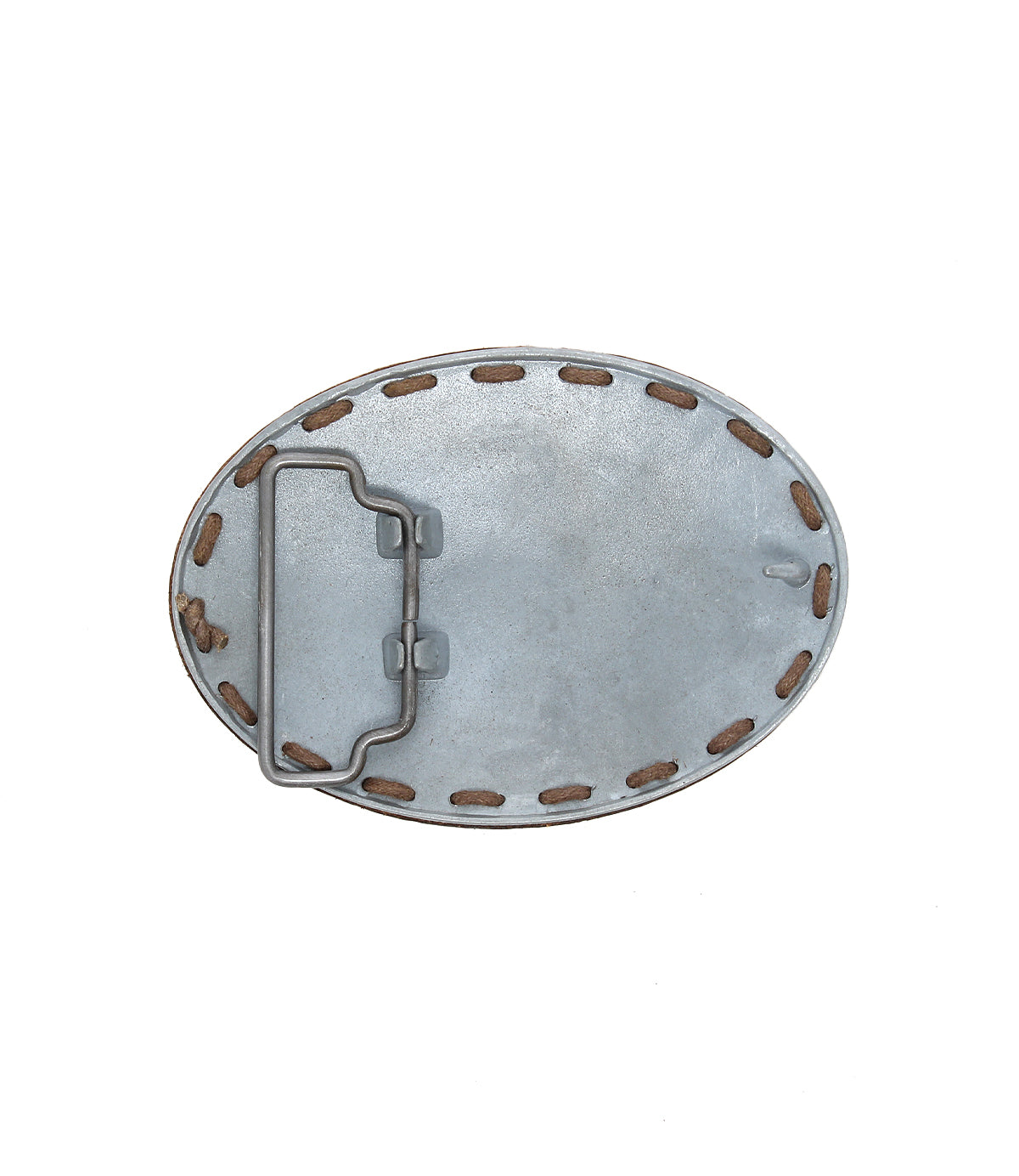 Back view of the Bed|Stü Tube Buckle, an oval metal leather belt buckle featuring visible stitching and a hinged clasp mechanism on the left side—ideal for adding a subtle coastal touch to any outfit.