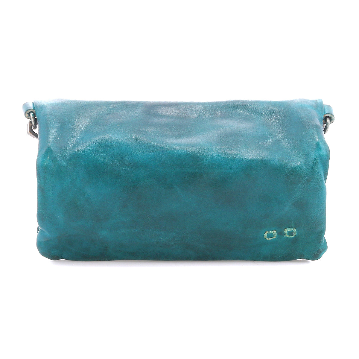 Introducing the Cadence by Bed|Stü—a turquoise crossbody clutch crafted from vegetable-tanned leather. Featuring a flap closure and minimal stitching detail, this stylish accessory is displayed against a white background.