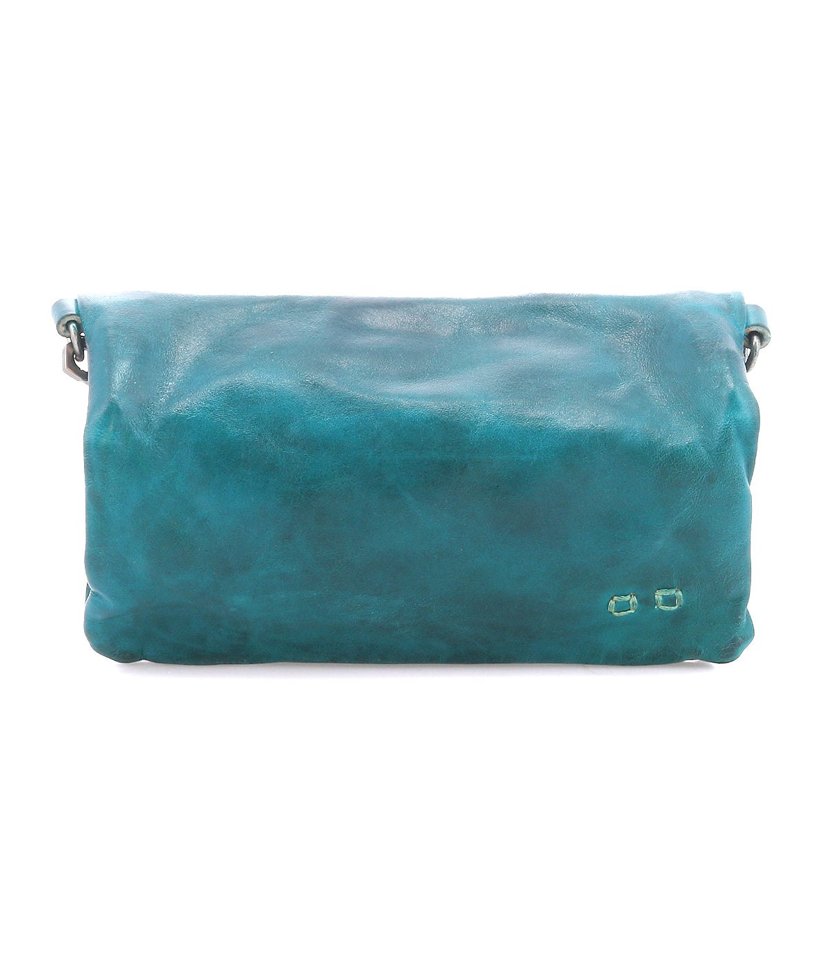 Introducing the Cadence by Bed|Stü—a turquoise crossbody clutch crafted from vegetable-tanned leather. Featuring a flap closure and minimal stitching detail, this stylish accessory is displayed against a white background.