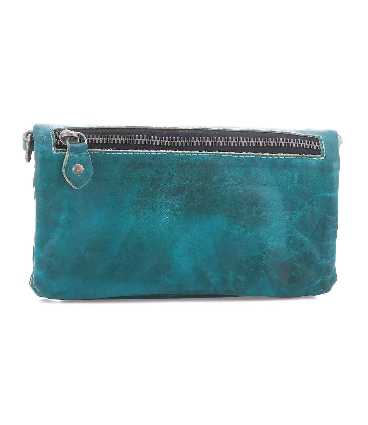 The Cadence by Bed|Stü is a teal crossbody clutch bag, expertly crafted from premium vegetable-tanned leather, featuring a visible front zipper pocket with a metal zipper pull.
