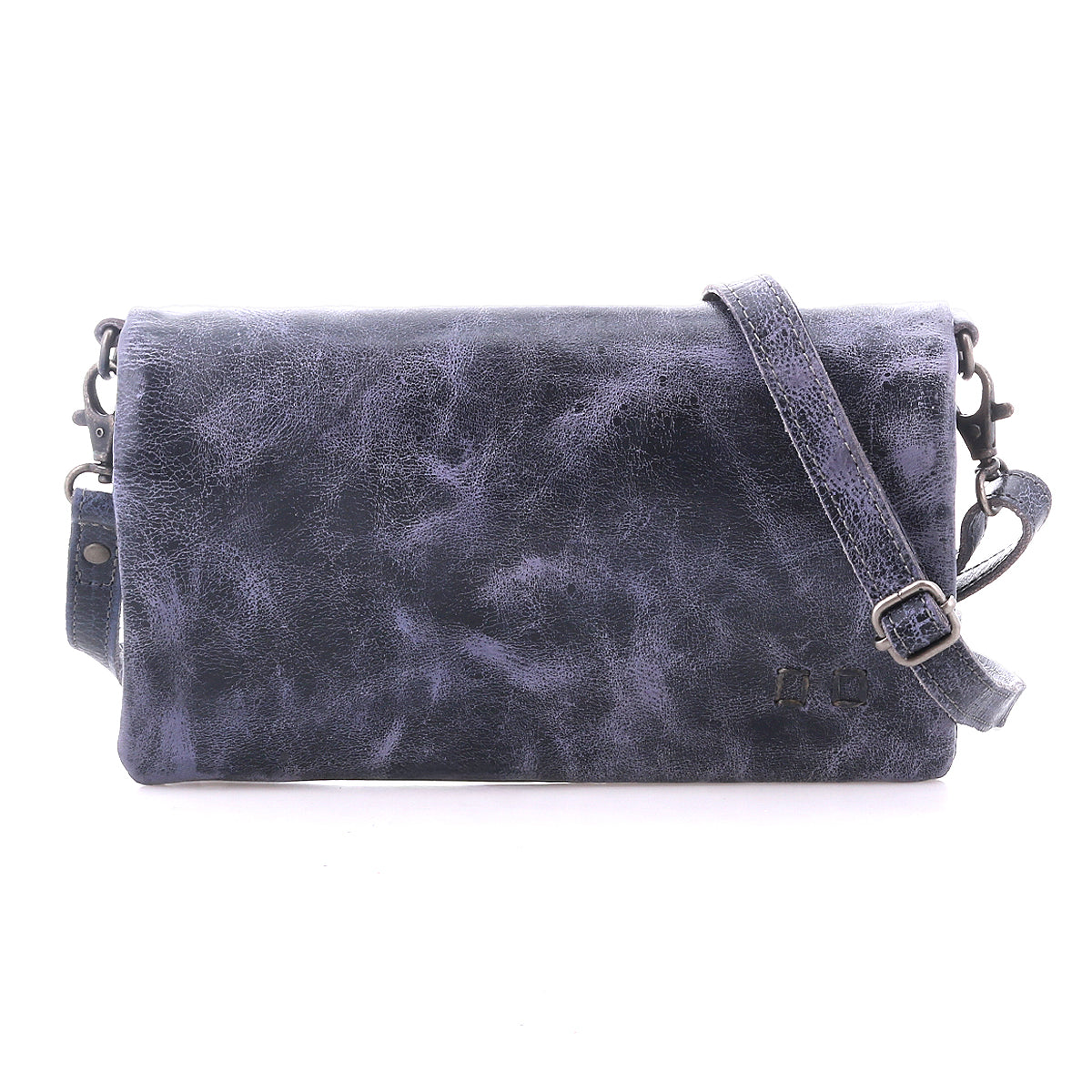 The Cadence by Bed|Stü is a rectangular crossbody clutch in dark blue, crafted from textured vegetable-tanned leather and featuring an adjustable strap, displayed against a white background.