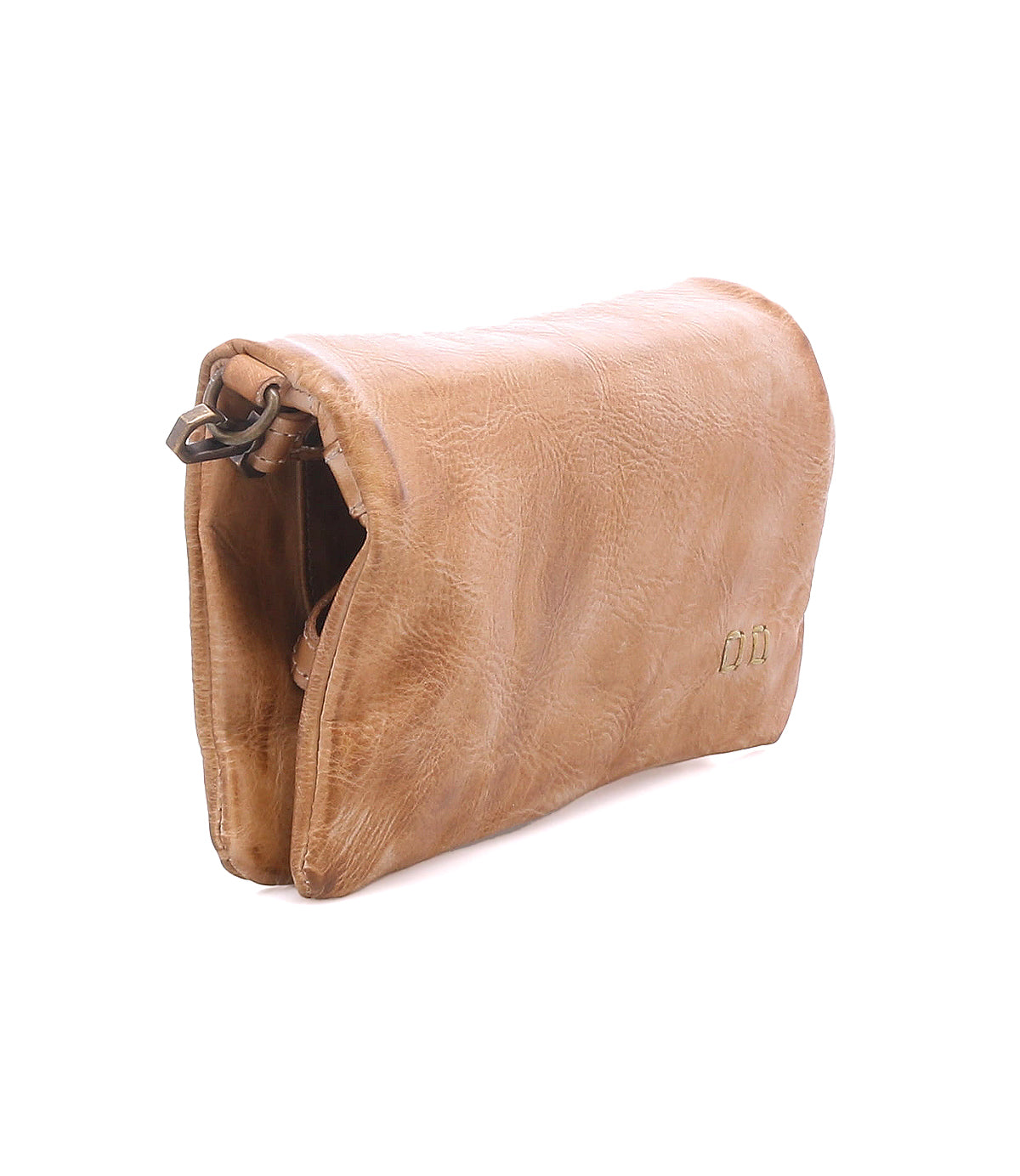 A light brown, vegetable-tanned leather messenger bag by Bed|Stü, the Cadence features a flap closure and is shown at an angle that reveals both the side and part of the front. The textured surface displays some natural creases for added character.