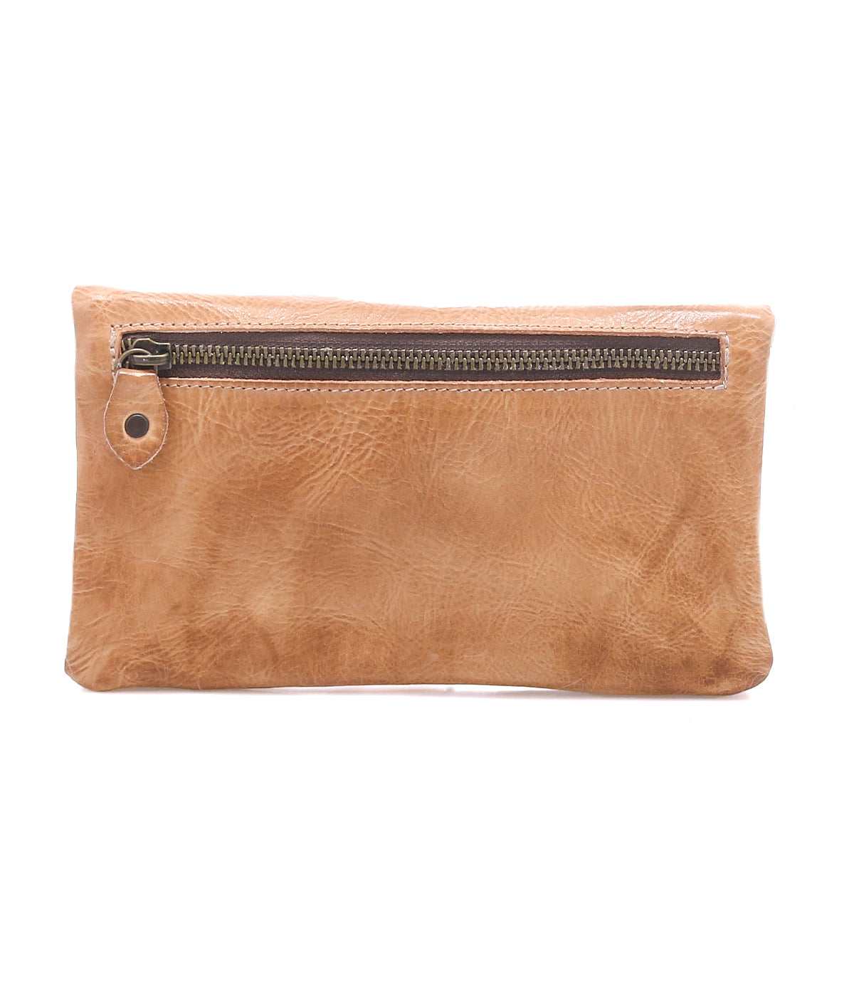 The Cadence by Bed|Stü is a rectangular tan crossbody clutch made from vegetable-tanned leather, featuring a prominent front zipper pocket and shown against a white background.